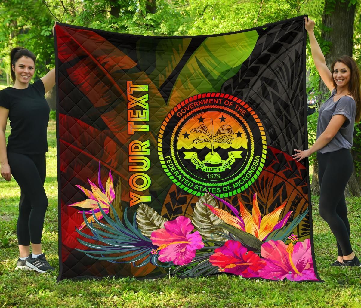 Federated States of Micronesia Polynesian Personalised Quilt -  Hibiscus and Banana Leaves