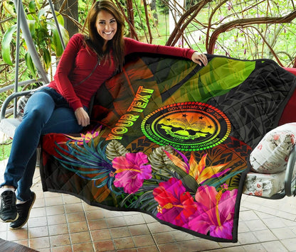 Federated States of Micronesia Polynesian Personalised Quilt -  Hibiscus and Banana Leaves