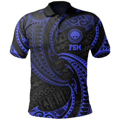 Federated States of Micronesia Polynesian Polo Shirt - Blue Tribal Wave