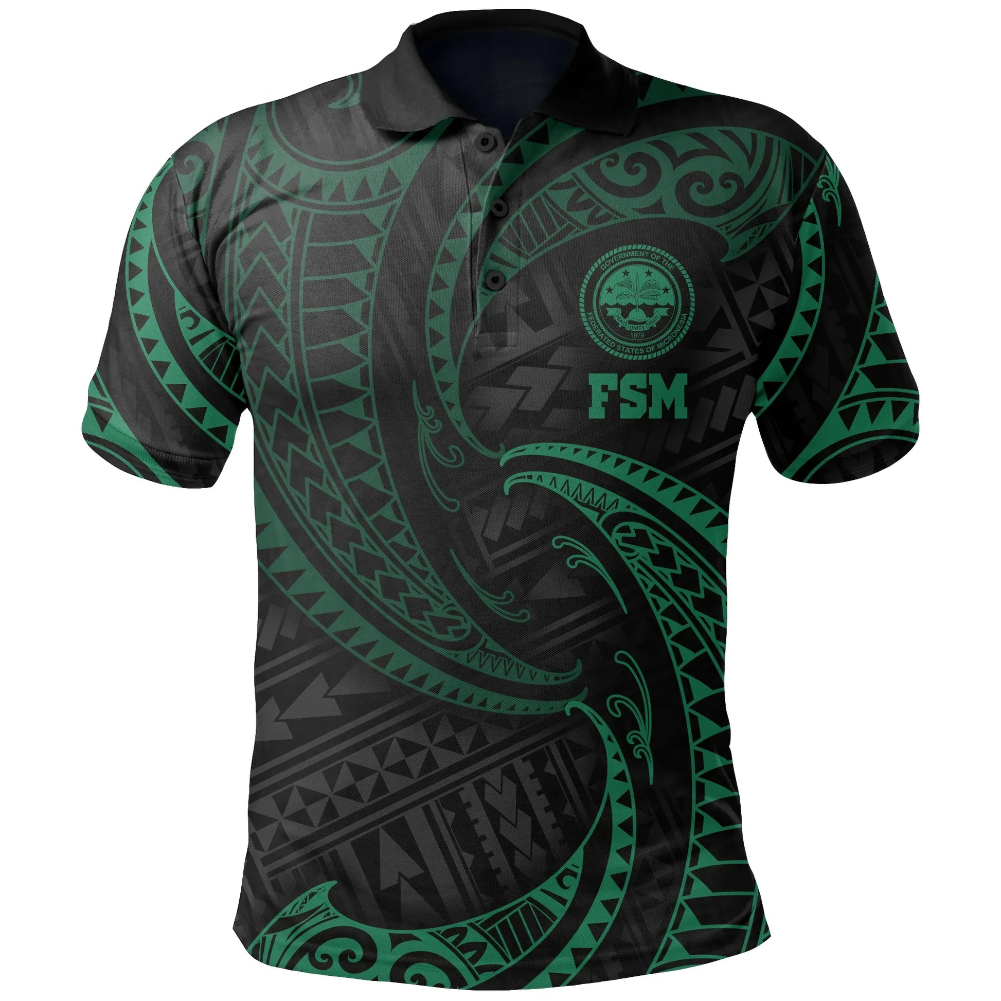 Federated States of Micronesia Polynesian Polo Shirt - Green Tribal Wave