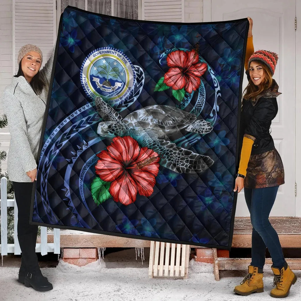 Federated States Of Micronesia Polynesian Premium Quilt - Blue Turtle Hibiscus