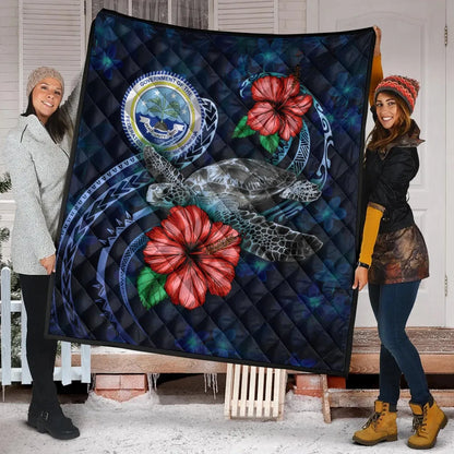 Federated States Of Micronesia Polynesian Premium Quilt - Blue Turtle Hibiscus