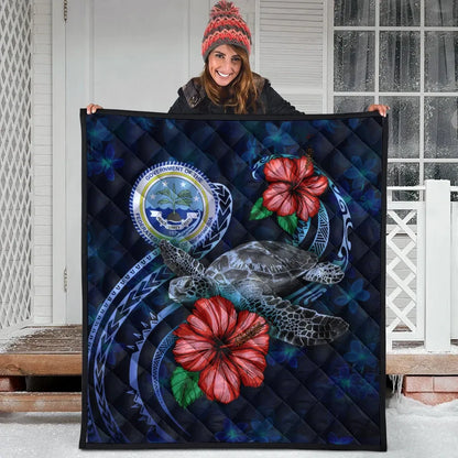Federated States Of Micronesia Polynesian Premium Quilt - Blue Turtle Hibiscus
