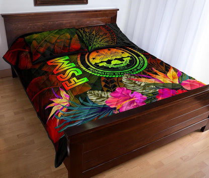 Federated States of Micronesia Polynesian Quilt Bed Set - Hibiscus and Banana Leaves
