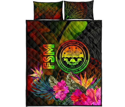 Federated States of Micronesia Polynesian Quilt Bed Set - Hibiscus and Banana Leaves