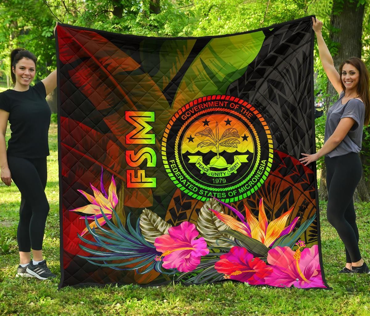 Federated States of Micronesia Polynesian Quilt -  Hibiscus and Banana Leaves