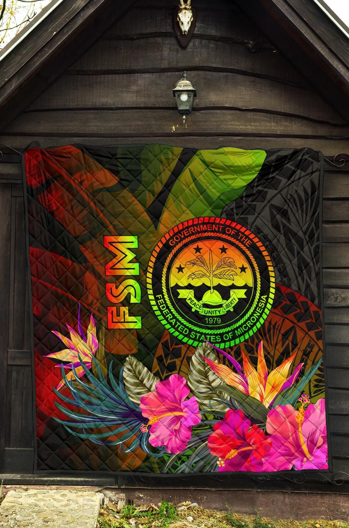 Federated States of Micronesia Polynesian Quilt -  Hibiscus and Banana Leaves