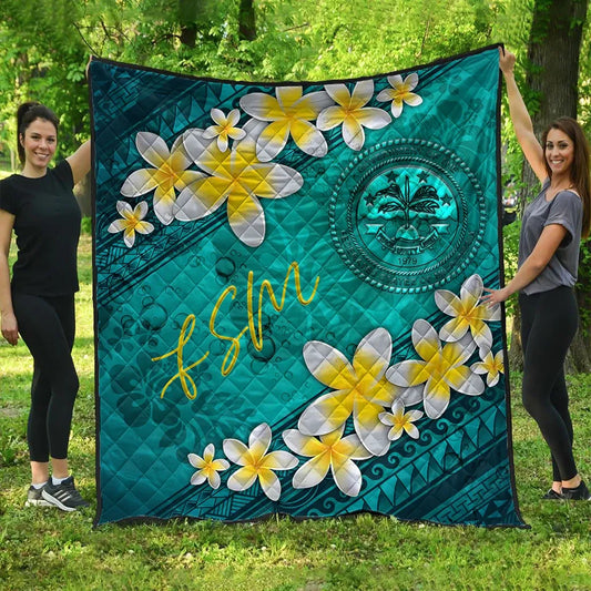 Federated States Of Micronesia Polynesian Quilt - Plumeria With Blue Ocean