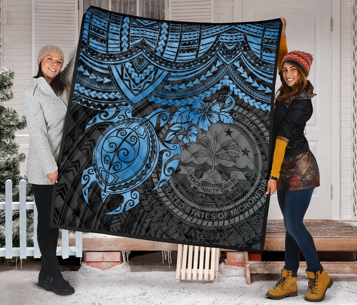 Federated States Of Micronesia Premium Quilt - Federated States Of Micronesia Seal & Blue Turtle Hibiscus