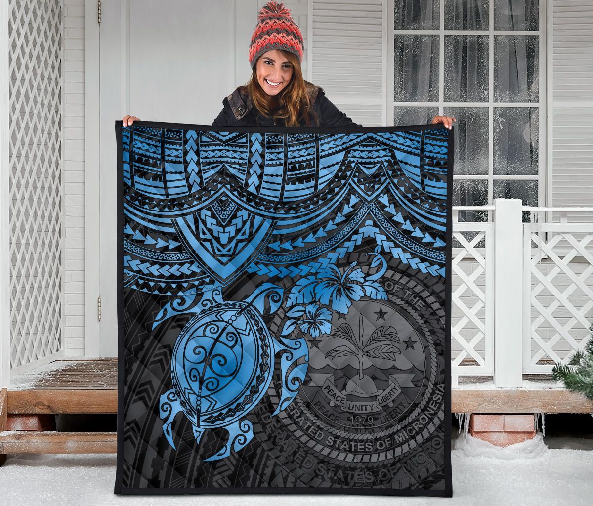 Federated States Of Micronesia Premium Quilt - Federated States Of Micronesia Seal & Blue Turtle Hibiscus