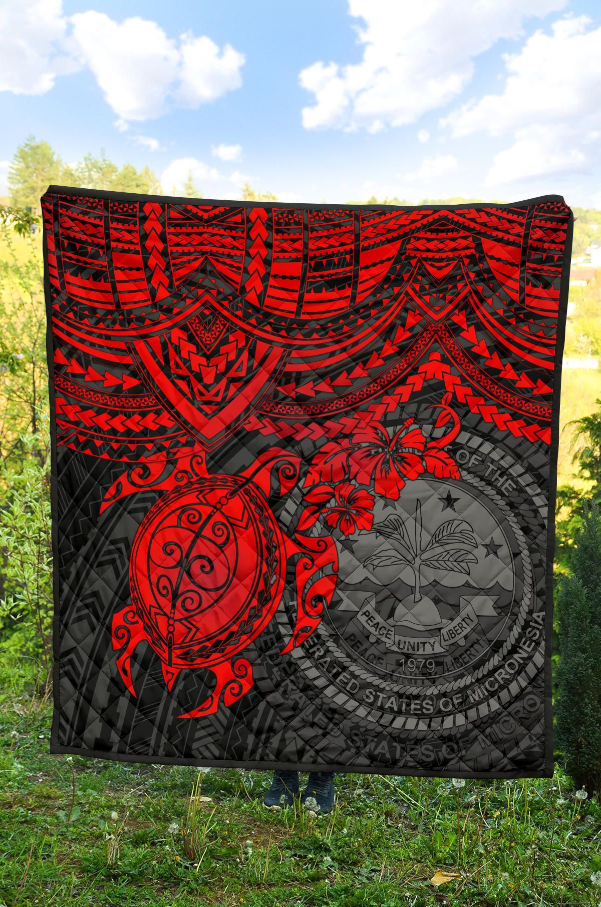 Federated States Of Micronesia Premium Quilt - Federated States Of Micronesia Seal & Red Turtle Hibiscus