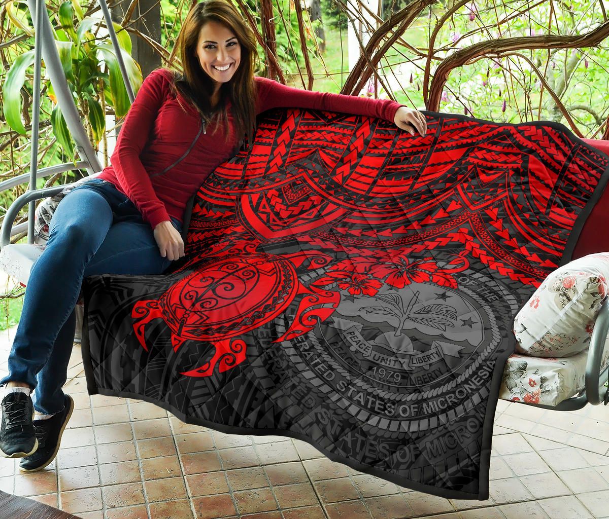 Federated States Of Micronesia Premium Quilt - Federated States Of Micronesia Seal & Red Turtle Hibiscus