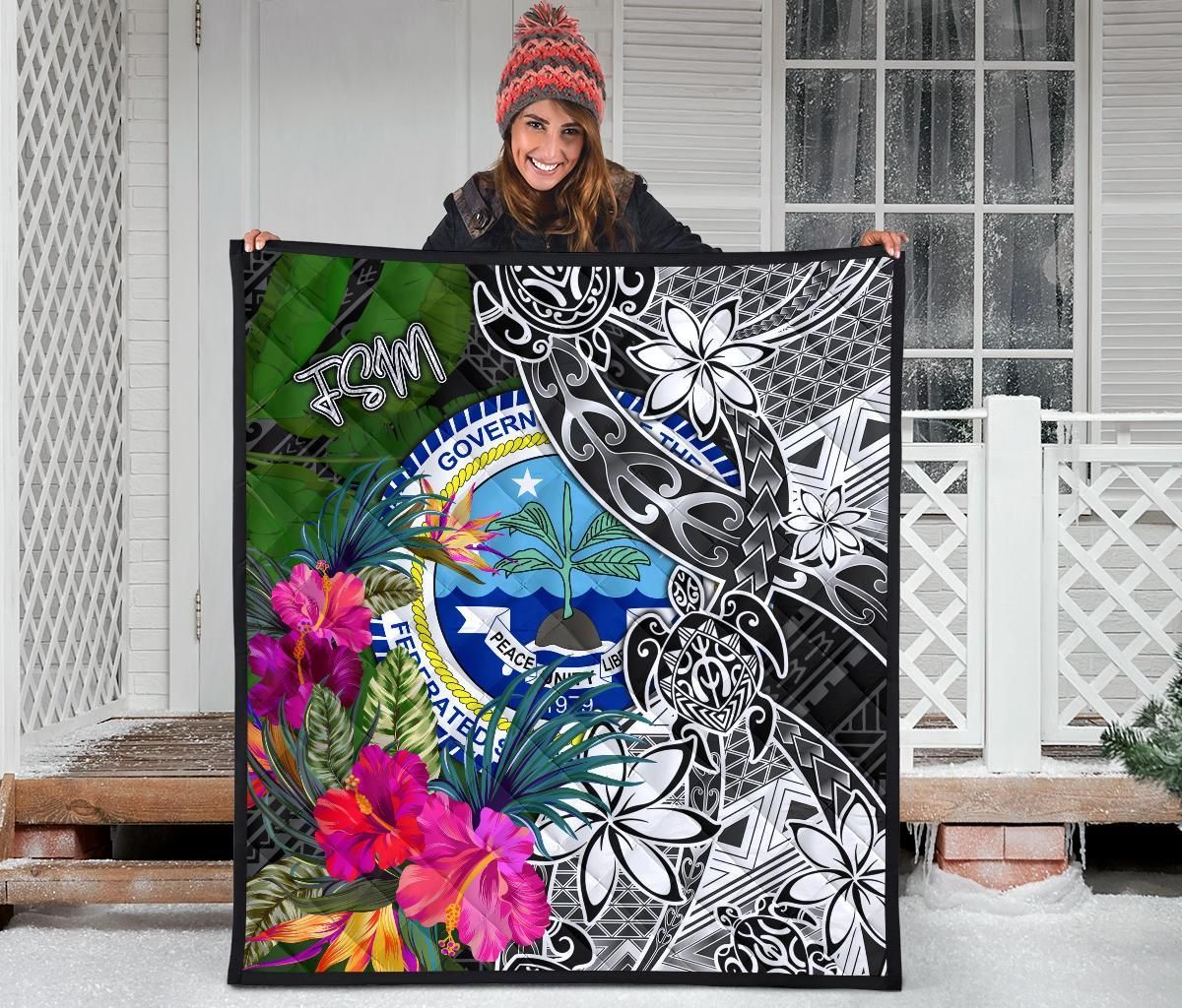 Federated States of Micronesia Premium Quilt - Turtle Plumeria Banana Leaf