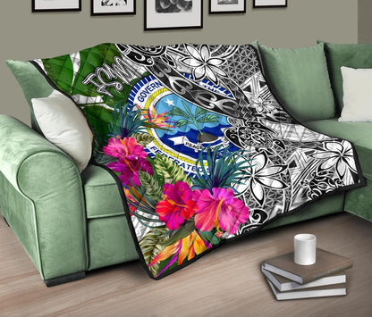 Federated States of Micronesia Premium Quilt White - Turtle Plumeria Banana Leaf
