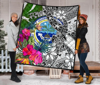 Federated States of Micronesia Premium Quilt White - Turtle Plumeria Banana Leaf