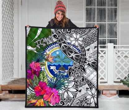 Federated States of Micronesia Premium Quilt White - Turtle Plumeria Banana Leaf