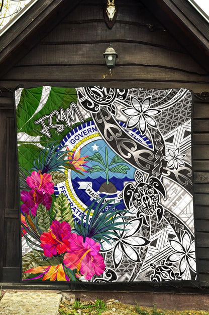 Federated States of Micronesia Premium Quilt White - Turtle Plumeria Banana Leaf