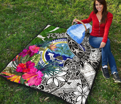 Federated States of Micronesia Premium Quilt White - Turtle Plumeria Banana Leaf