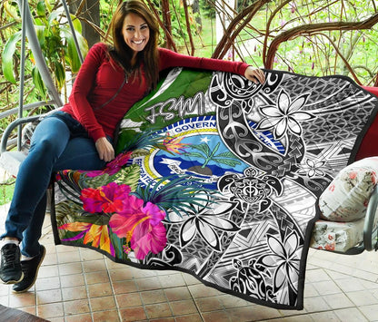 Federated States of Micronesia Premium Quilt White - Turtle Plumeria Banana Leaf