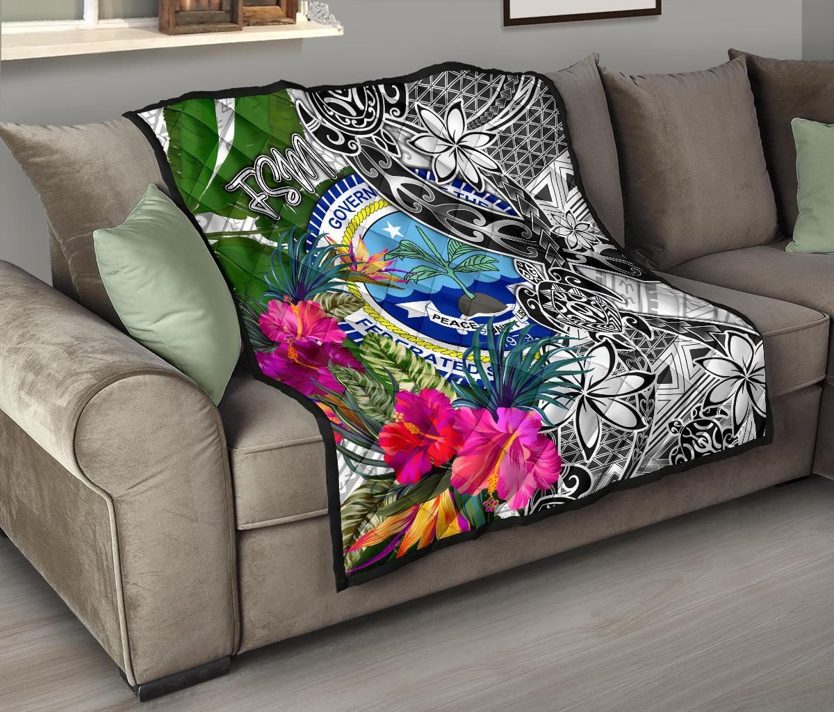 Federated States of Micronesia Premium Quilt White - Turtle Plumeria Banana Leaf