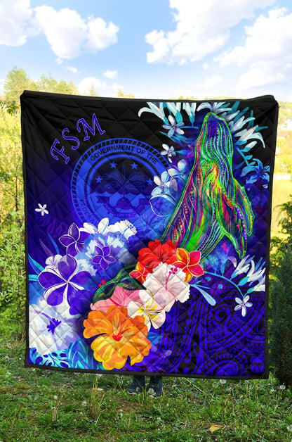 Federated States of Micronesia Premium Quilts - Humpback Whale with Tropical Flowers (Blue)