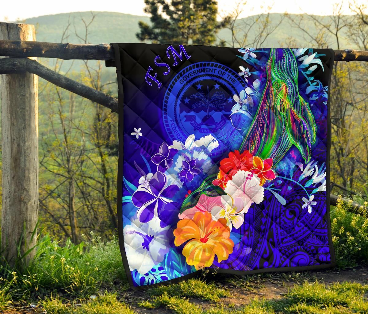 Federated States of Micronesia Premium Quilts - Humpback Whale with Tropical Flowers (Blue)