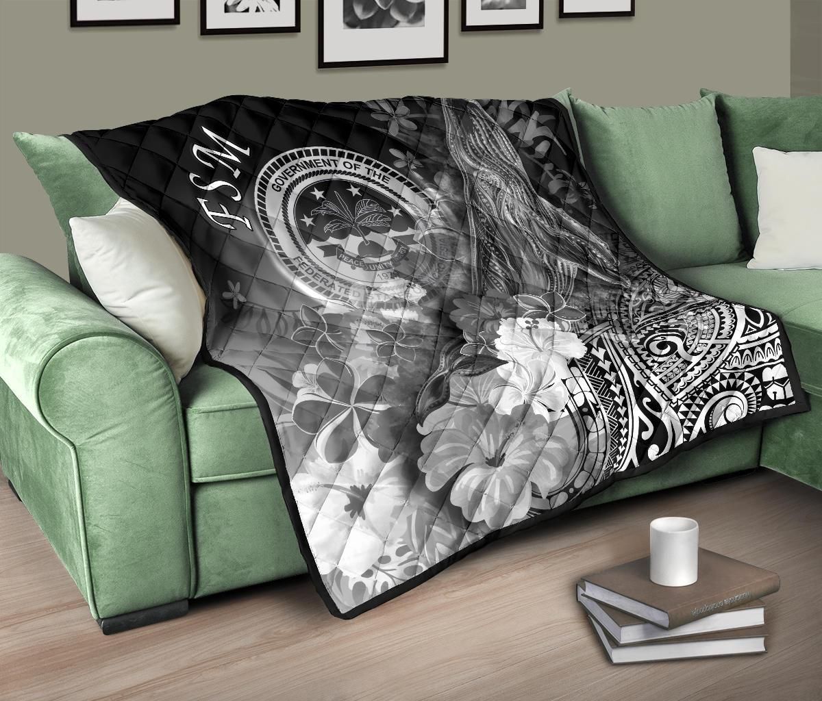 Federated States of Micronesia Premium Quilts - Humpback Whale with Tropical Flowers (White)