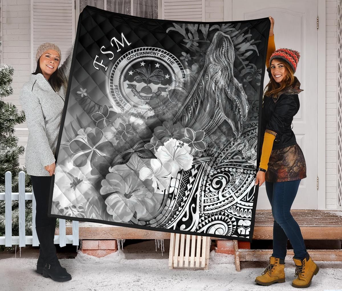 Federated States of Micronesia Premium Quilts - Humpback Whale with Tropical Flowers (White)