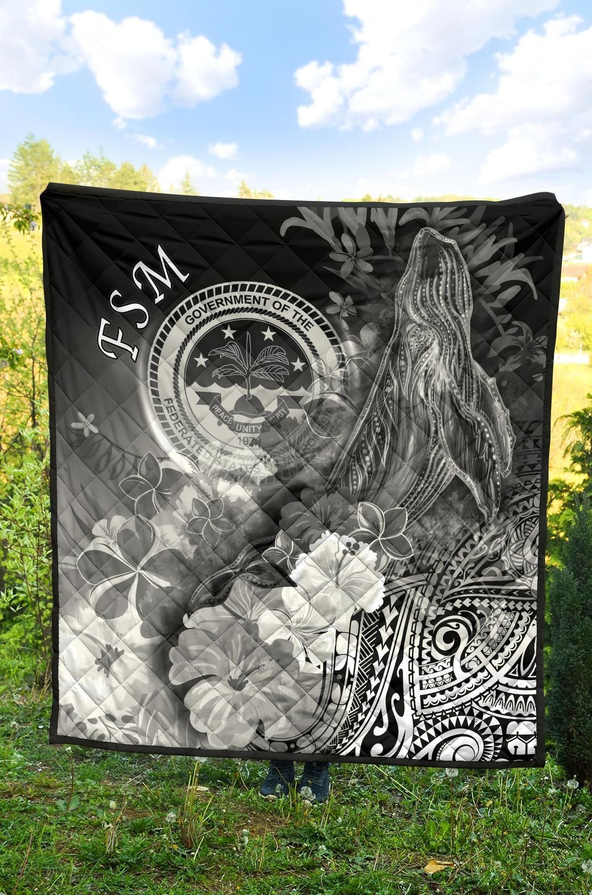 Federated States of Micronesia Premium Quilts - Humpback Whale with Tropical Flowers (White)