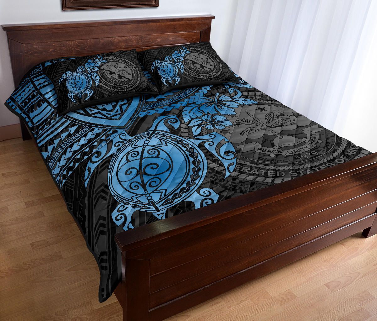 Federated States Of Micronesia Quilt Bed Set - Federated States Of Micronesia Seal & Blue Turtle Hibiscus