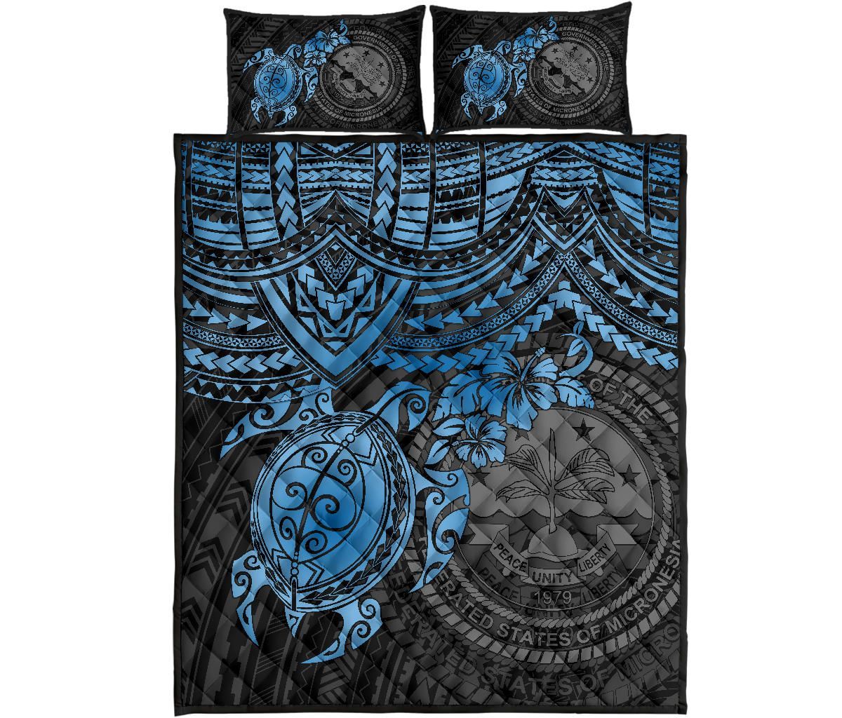 Federated States Of Micronesia Quilt Bed Set - Federated States Of Micronesia Seal & Blue Turtle Hibiscus