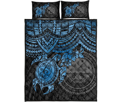 Federated States Of Micronesia Quilt Bed Set - Federated States Of Micronesia Seal & Blue Turtle Hibiscus