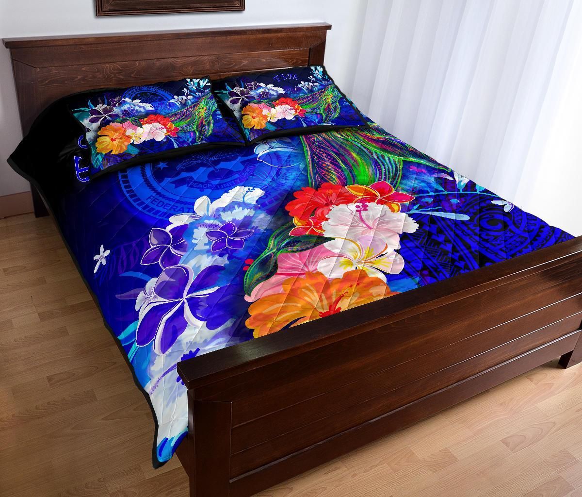 Federated States of Micronesia Quilt Bed Set - Humpback Whale with Tropical Flowers (Blue)