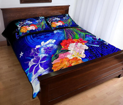 Federated States of Micronesia Quilt Bed Set - Humpback Whale with Tropical Flowers (Blue)