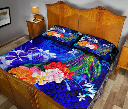 Federated States of Micronesia Quilt Bed Set - Humpback Whale with Tropical Flowers (Blue)