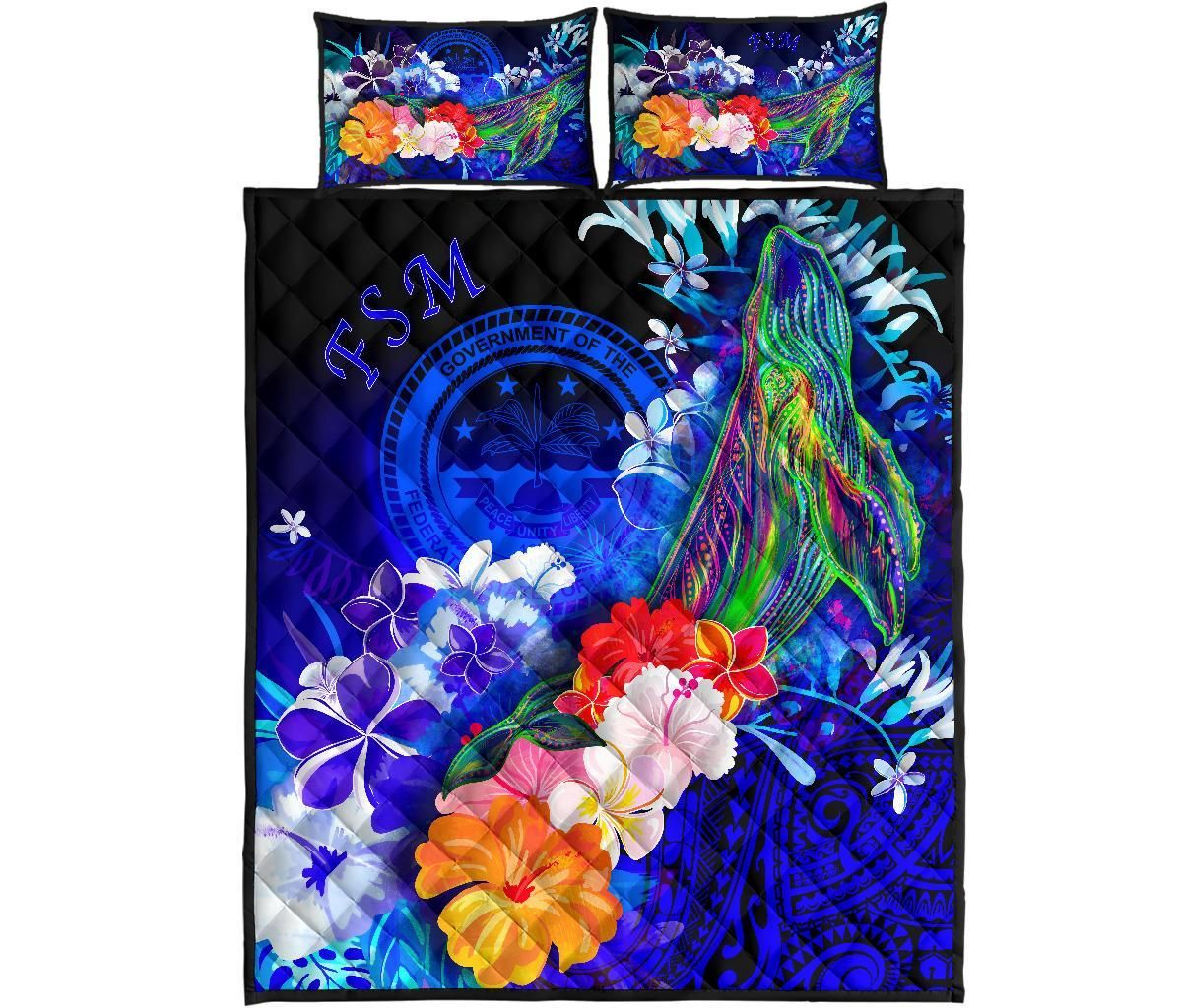 Federated States of Micronesia Quilt Bed Set - Humpback Whale with Tropical Flowers (Blue)