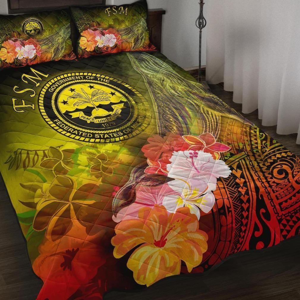 Federated States of Micronesia Quilt Bed Set - Humpback Whale with Tropical Flowers (Yellow)