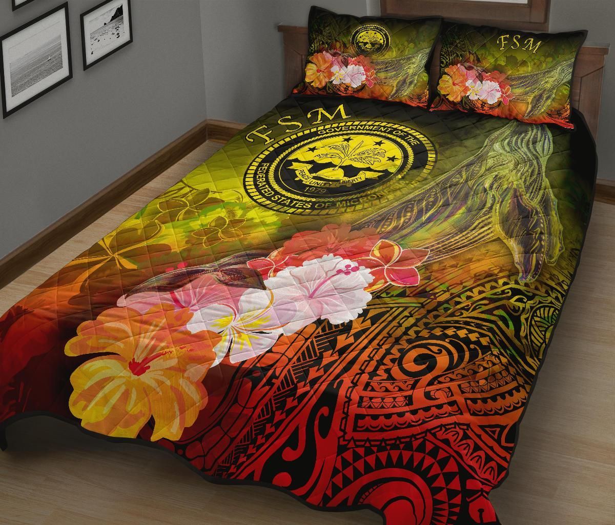 Federated States of Micronesia Quilt Bed Set - Humpback Whale with Tropical Flowers (Yellow)