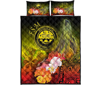 Federated States of Micronesia Quilt Bed Set - Humpback Whale with Tropical Flowers (Yellow)