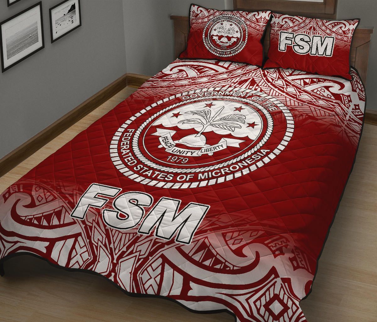 Federated States of Micronesia Quilt Bed Set - Federated States of Micronesia Seal Red Fog Style