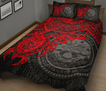 Federated States Of Micronesia Quilt Bed Set - Federated States Of Micronesia Seal & Red Turtle Hibiscus