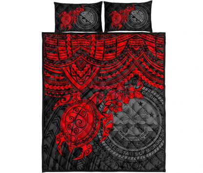 Federated States Of Micronesia Quilt Bed Set - Federated States Of Micronesia Seal & Red Turtle Hibiscus