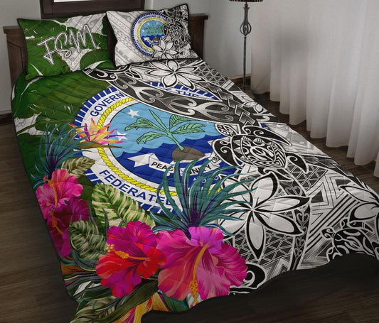 Federated States of Micronesia Quilt Bed Set White - Turtle Plumeria Banana Leaf