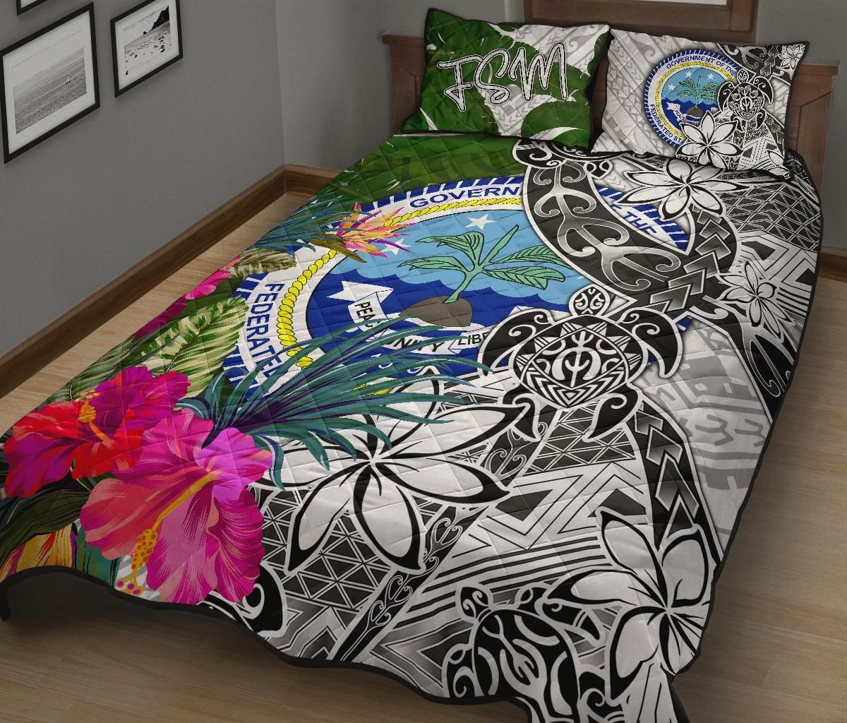 Federated States of Micronesia Quilt Bed Set White - Turtle Plumeria Banana Leaf