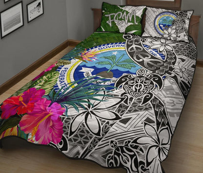 Federated States of Micronesia Quilt Bed Set White - Turtle Plumeria Banana Leaf