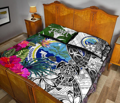 Federated States of Micronesia Quilt Bed Set White - Turtle Plumeria Banana Leaf