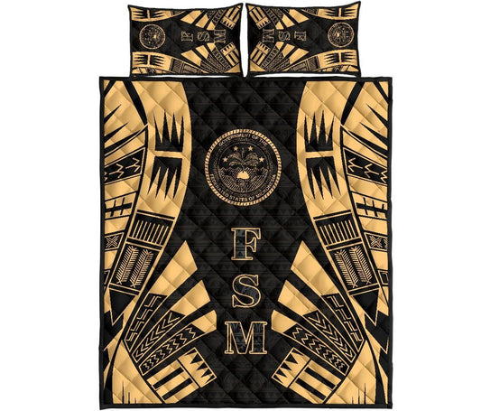 Federated States of Micronesia Quilt Bed Set - Federated States of Micronesia Seal Polynesian Yellow Tattoo Style