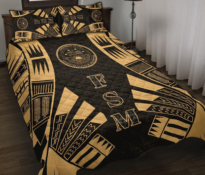 Federated States of Micronesia Quilt Bed Set - Federated States of Micronesia Seal Polynesian Yellow Tattoo Style