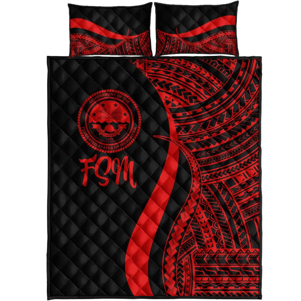 Federated States of Micronesia Quilt Bed Set - Red Polynesian Tentacle Tribal Pattern