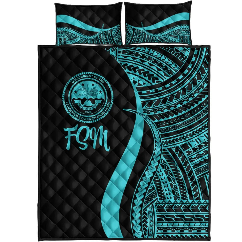 Federated States of Micronesia Quilt Bed Set - Turquoise Polynesian Tentacle Tribal Pattern